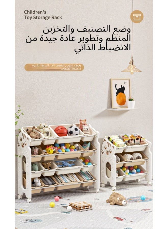 3-Tier Kids Toy Storage Organizer with Bins, Cat Design Playroom Shelf, Multi-Layer Bookshelf & Storage Unit (White: 1 Large + 4 Small Bins / Brown: 1 Large + 1 Small Bin) - Image 2